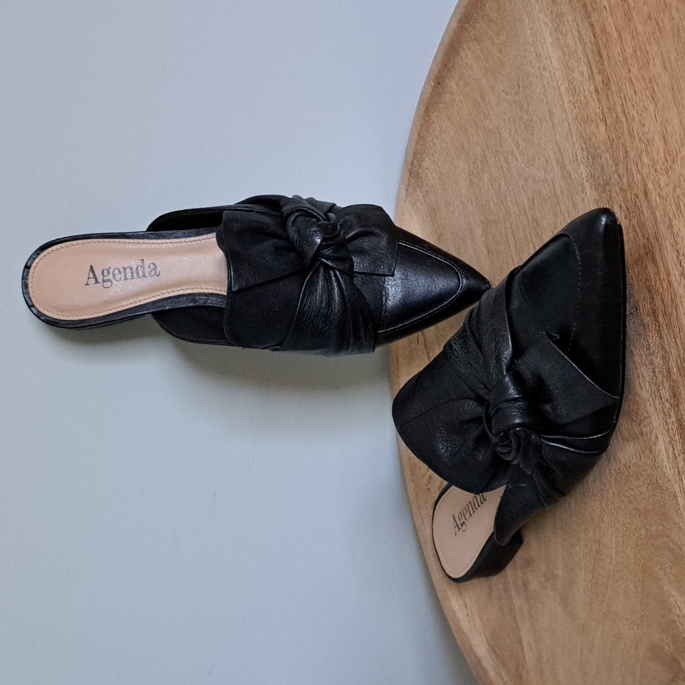 Agenda Black Leather Soft Bow Mule Slip-On Pointy-Toe Flats Made in Brazil 36